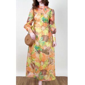 Vintage Handmade Maxi Dress Long Puffed Poof Balloon Sleeve Boho Print 60's 70's